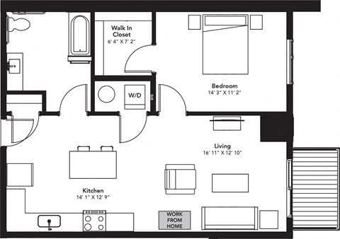 Floor plan for 1 bed, 1 bath, 798 sqft